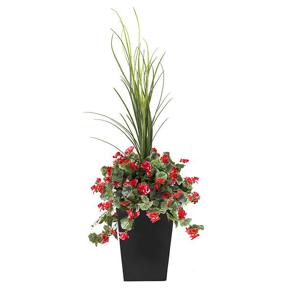 Outdoor Planter with Red Geraniums and a Dracaena