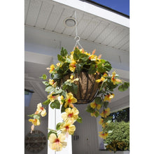 Load image into Gallery viewer, Hanging Planter with Yellow Hibiscus in a Burlap Basket
