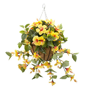 Hanging Planter with Yellow Hibiscus in a Burlap Basket
