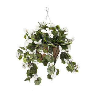 Hanging Planter with White Geraniums in a Burlap Basket
