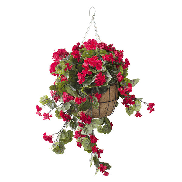 Hanging Planter with Red Geraniums in a Burlap Basket